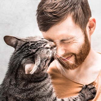 Image of a cat licking a man's nose